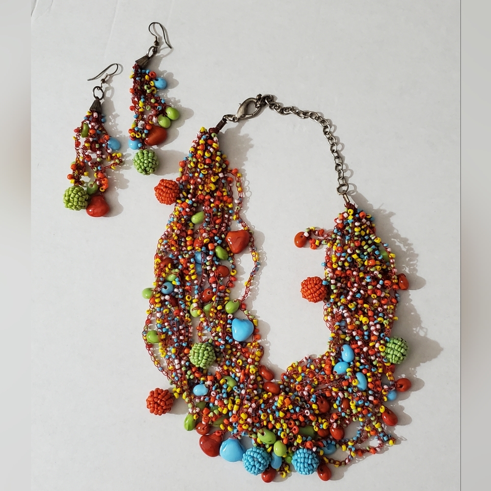Set earrings necklace seed beads czech hearts Artisan handmade vintage estate - Picture 4 of 16
